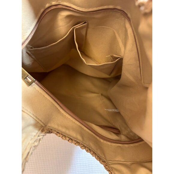 Handmade Woven Straw Tote Bag With Tassel & Inner Pockets Beige/Brown 15" x 14" - Picture 4 of 8